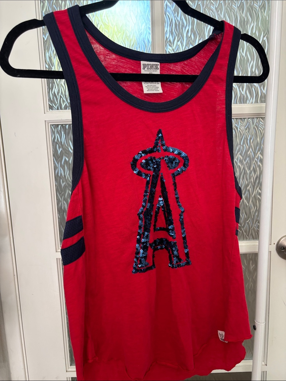 PINK Victoria's Secret Red Tank Top with Navy Trim and Blue Sequin Logo